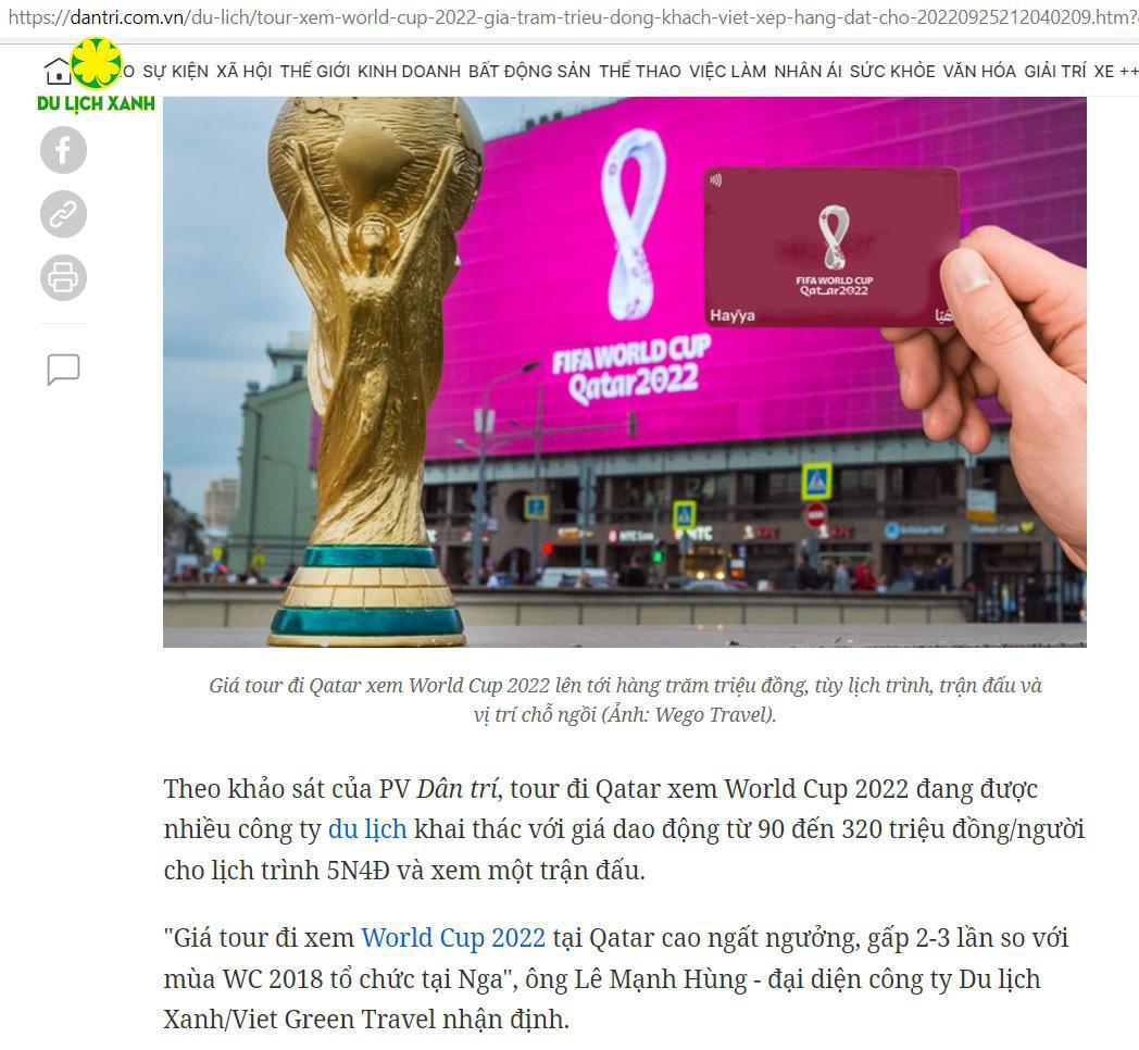 Báo Dân Trí đưa tin: Tour xem World Cup 2022 giá trăm triệu đồng, khách Việt xếp hàng đặt chỗ tại Du Lịch Xanh