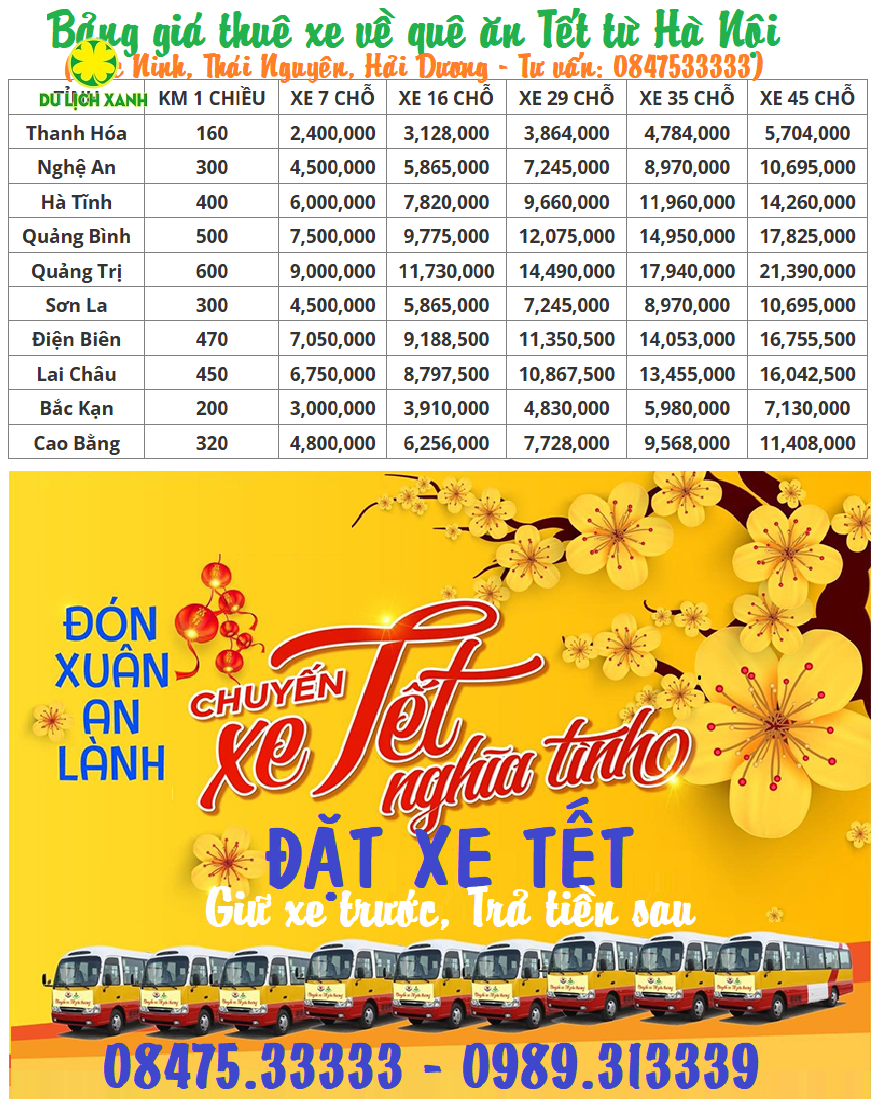 Nhà xe Du Lịch Xanh, Bảng giá cho thuê xe đưa đón công nhân sinh viên về quê ăn Tết