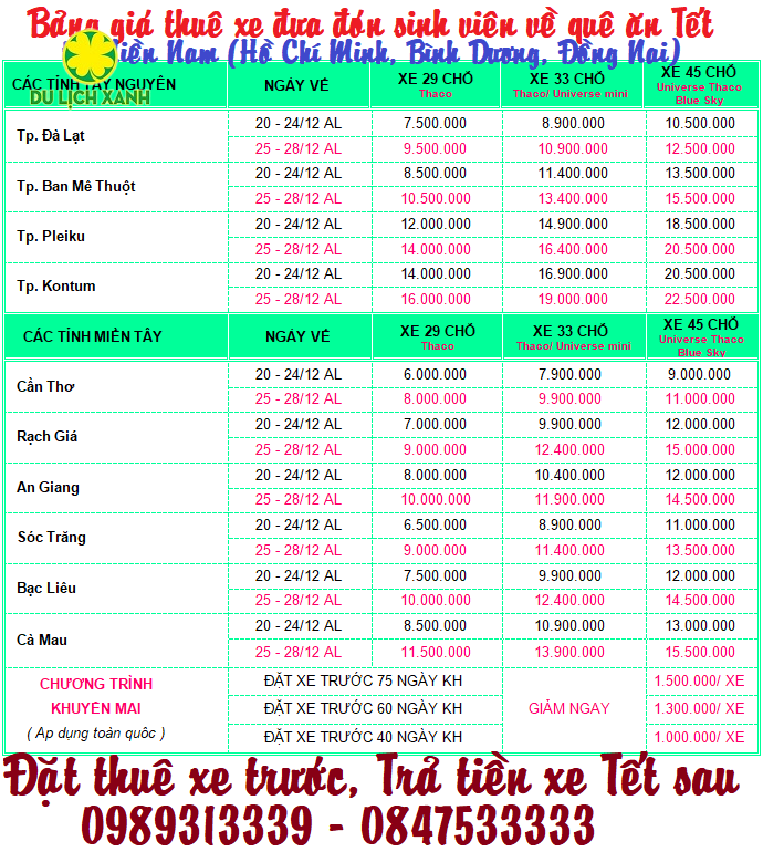 Nhà xe Du Lịch Xanh, Bảng giá cho thuê xe đưa đón công nhân sinh viên về quê ăn Tết