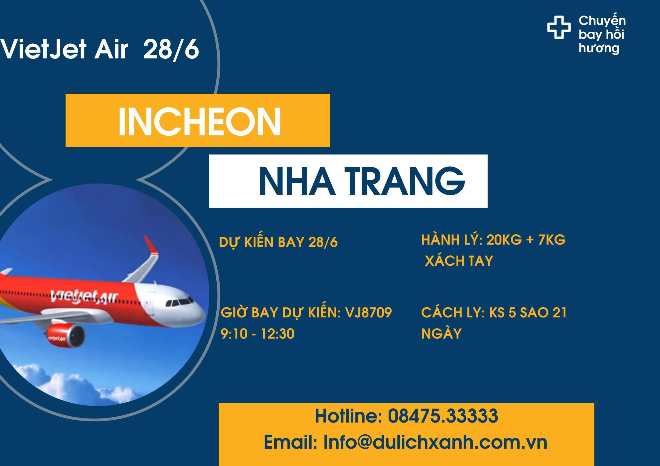 Chuyến bay hồi hương Incheon - Nha Trang ngày 28/6